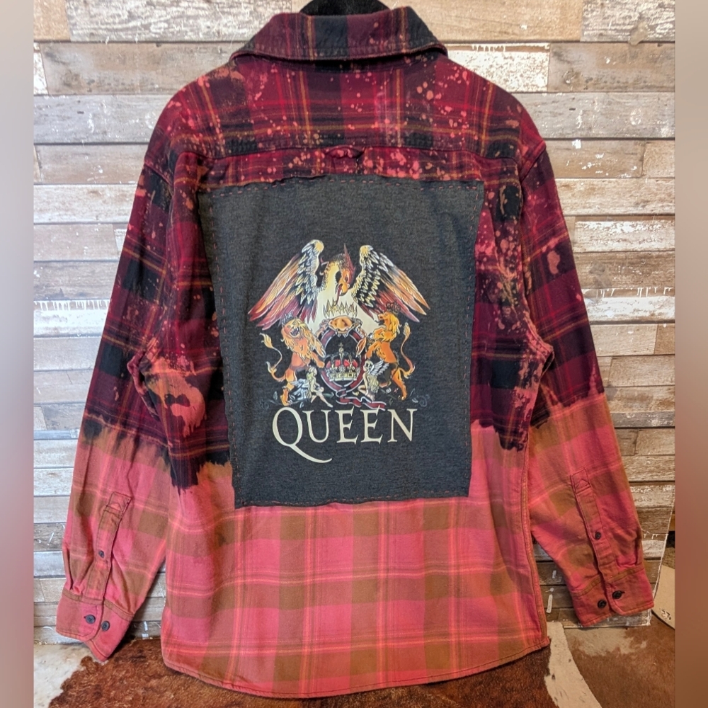 Queen Graphic Upcycled Dip Dye Bleached Flannel Shirt